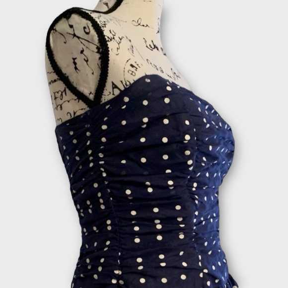 Vintage Navy Blue Polka Dot Strapless Fit and Flare Swing Dress - Picture 7 of 12